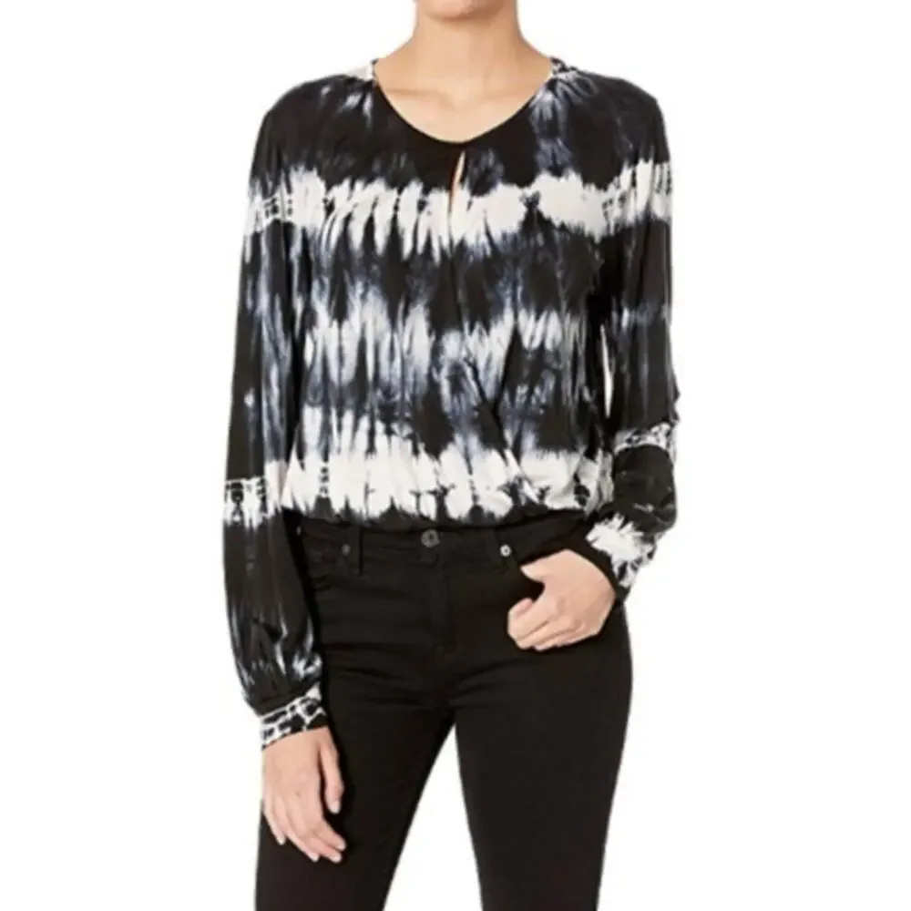 Young Fabulous & Broke Jayden Tie Dye Surplice Wrap Open Front Top Black Ghost